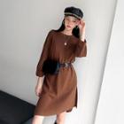 Cuff-sleeve Slit-side Rib-knit Dress