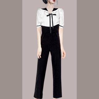Set: Short-sleeve Sailor-collar Blouse + Straight Leg Pants