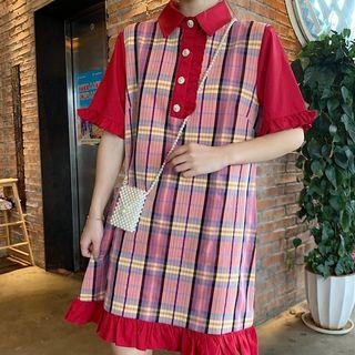 Ruffle Trim Plaid Panel Dress As Shown In Figure - One Size