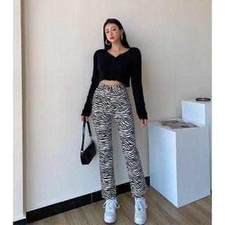 Zebra Print High Waist Straight-fit Jeans