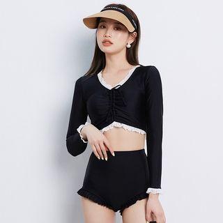 Set: Long-sleeve Lace Trim Tankini Top + Ruffle Hem Bikini Bottom