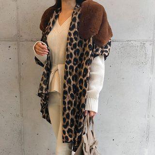 Faux-fur Panel Leopard Chiffon Scarf Brown - One Size