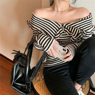 Striped Ruffle Trim Off-shoulder T-shirt As Shown In Figure - One Size