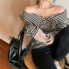 Striped Ruffle Trim Off-shoulder T-shirt As Shown In Figure - One Size