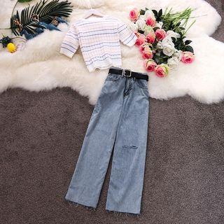 Set: Striped Short-sleeve Knit Top + Wide-leg Jeans