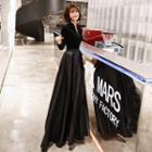 Long-sleeve Faux Leather Panel A-line Evening Gown