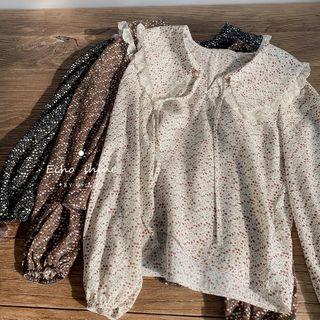 Long-sleeve Tie-neck Floral Print Lace Trim Blouse