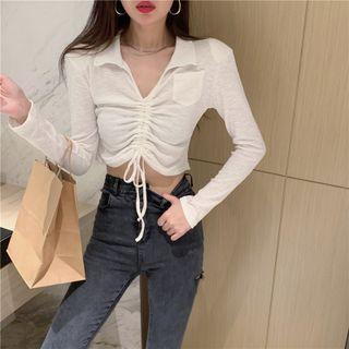 Open-placket Drawstring Crop Top
