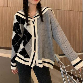 Argyle Panel Cable Knit Cardigan Black & Gray & White - One Size