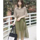 Set: Check Elbow-sleeve Shirt Dress + Crochet Pleated Skirt