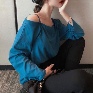 Plain Off-shoulder Long-sleeve Loose-fit T-shirt Blue - One Size