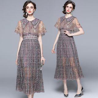 Elbow-sleeve Collar Embroidered Midi A-line Dress