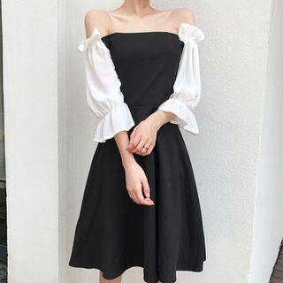 Color Block Off-shoulder A-line Midi Dress
