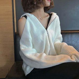 Cold Shoulder Hooded Zip Jacket White - One Size