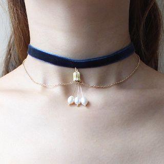 Velvet Layered Choker White Faux Pearl - Dark Blue - One Size