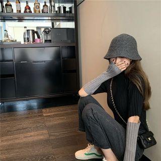 Mock-turtleneck Elbow-cutout Ribbed Knit Top Black - One Size