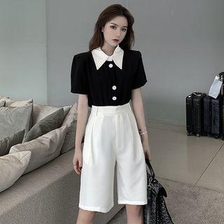 Color-block Single-breasted Short-sleeve Blouse / Plain High-waist Loose-fit Pants