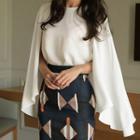 Chiffon Cape-sleeve Blouse/ Patterned Midi Pencil Skirt