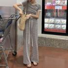Short-sleeve Striped Asymmetrical T-shirt / High-waist Striped Pants