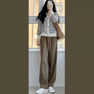 Striped Cardigan / Wide Leg Dress Pants / Set