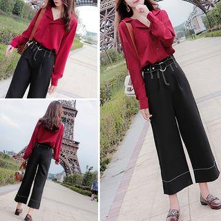 Set: Notch-lapel Blouse + Crop Wide Leg Pants