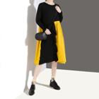 Color Panel Long-sleeve A-line Midi Dress Black - One Size