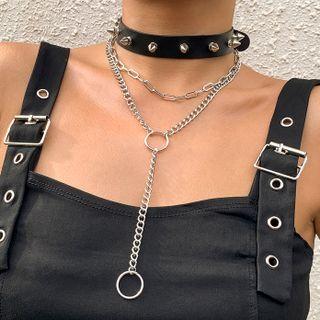 Set Of 3: Studded Faux Leather Choker + Chain Silver - One Size