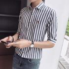 Elbow-sleeve Dog Embroidered Striped Shirt