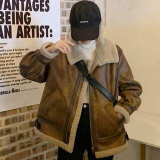 Stand-collar Faux Leather Zip-up Jacket