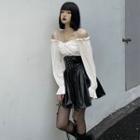 Cold-shoulder Blouse / High Waist A-line Faux Leather Skirt