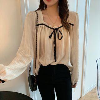 Tie-front Frilled Trim Long-sleeve Top Almond - One Size