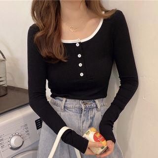 Long-sleeve Contrast Trim Henley Top