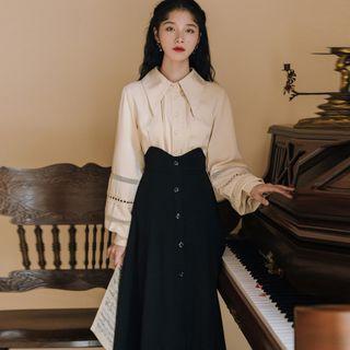 Set: Eyelet Lace Blouse + High-waist Midi A-line Skirt