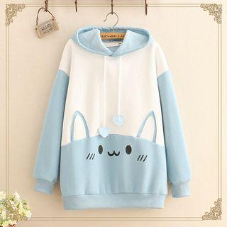 Color-block Printed Ear-accent Hoodie