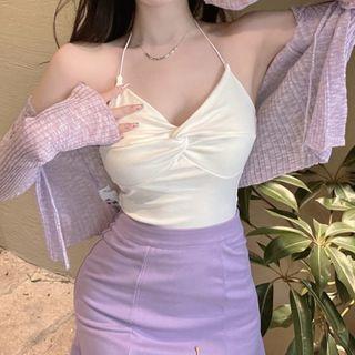 Halter Cropped Camisole Top / Cardigan / Mini Pencil Skirt