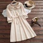 Floral Embroidered Collared Long-sleeve Corduroy Dress