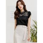 Petal-sleeve Sheer-yoke Lace Blouse