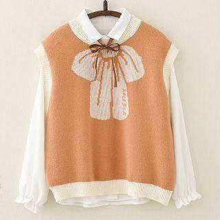 Long-sleeve Plain Bow Blouse / Bow Printed Contrast Trim Vest