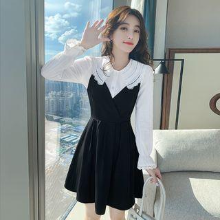 Set: Long-sleeve Blouse + Mini A-line Pinafore Dress