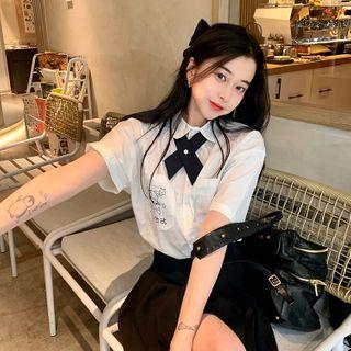 Polo-neck Cow Print Shirt White - One Size