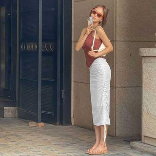Drawstring-side Long Pencil Skirt