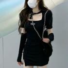 Set: Short-sleeve Mini Dress + Arm Sleeves Set Of 2 - Dress & Arm Sleeves - Black - One Size