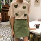 Set: Short-sleeve Heart Pattern T-shirt + Mini Skirt