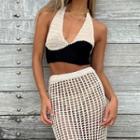 Halter-neck Color-block Knit Top