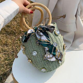 Rhinestone Woven Cylinder Bucket Bag Green - One Size