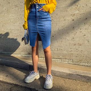 High-waist Slit-front Midi Denim Skirt
