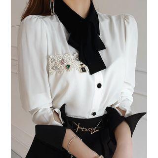 Tie-neck Faux-gem Detail Blouse Black - One Size