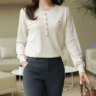 Flap Button-trim Knit Top