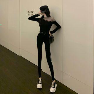 Long-sleeve Mock-neck Rhinestone Panel Top / Lettering Skinny Pants