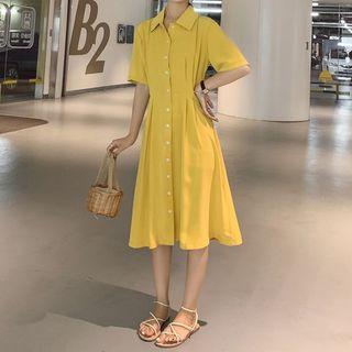 Elbow-sleeve Tie-back A-line Shirt Dress